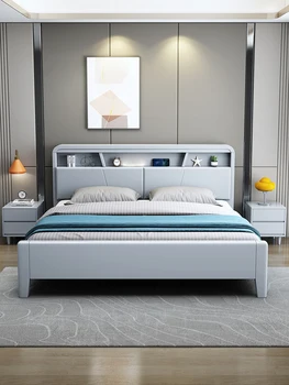Nordic biela masívneho dreva posteľ, 1.8 m manželská posteľ s nočné svetlo, moderné a jednoduché 1,5 m ekonomické vysoké okno skladovanie posteľ