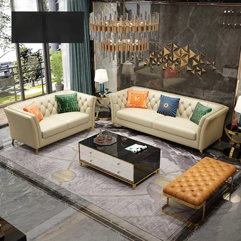 Postmoderných svetlo luxusný kožený gauč Hong Kong Štýl Svetlo luxusný nábytok pozlátené Americký kožená sedačka, nábytok