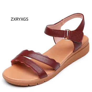 ZXRYXGS Lete Mäkkej hovädzej kože Mäkké Jediným Nosenie Ploché Sandále Žena Obuvi Veľkosť 2023 Pohodlie Elegantné Ženy Kožené Sandále Bežné
