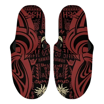 Polynézske Tribal Pohnpei Totem Tetovanie Vytlačí Muži Ženy Teplé Pohodlie Mäkké Plyšové Bavlna Červená Vnútorné Papuče Linajkované S EPE Topánky