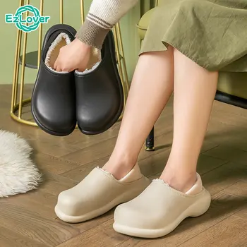 Platforma Sandále Zimné Ženy Papuče 5cm Kliny Obuvi Vonkajšie Dreváky Hrubé Ulici Nepremokavé List Flip Flops Plyšové Obuvi