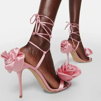 Ružová Hodváb Rose Vysokým Podpätkom Sandále Kolo Prst Štíhla Popruh Kvet Čipky Stiletto Päty Ženy Veľké Štrbinový Zobraziť Spoločenské Topánky