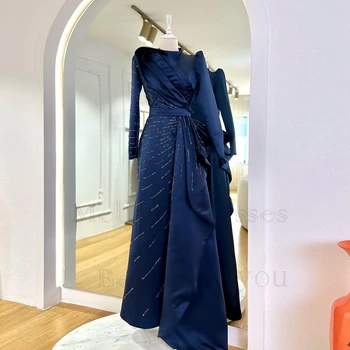Vysoká Krku Námornícka Modrá Večerné Šaty pre Ženy Satin Celý Rukáv Lištovanie Prom Šaty 2023 Lete Nové Luxusné Vestido De Noche