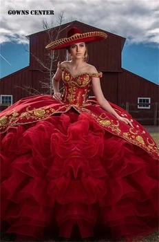 Mexické Červená Ruffels Zlaté Výšivky plesové Šaty, Quinceanera Šaty Rameno Korzet Svadobné Šaty Sweet 16 aqua quinceñear