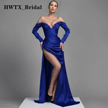 Kráľovská Modrá Sexy Morská Panna Formálne Prom Šaty, Lištovanie Mimo Ramenné Drážky Večerné Šaty S Dlhým Rukávom Ženy Party Šaty Na Svadbu