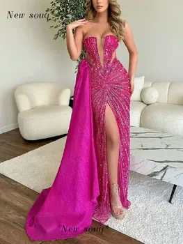 Sexy Cut-Out Hot Pink Prom Šaty s Hlbokým Predné Štrbinou Afriky Módne bez Ramienok Iskrivý Morská víla Narodeninovej Party Šaty Vestidos