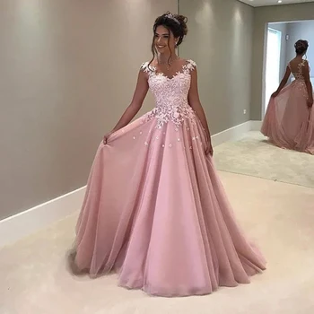 Elegantné Ružové dámske Večerné Šaty Tylu Čipky Nášivka Princezná Prom Šaty Formálne Beach Party 2023 Vestidos De Noche De Rúcha