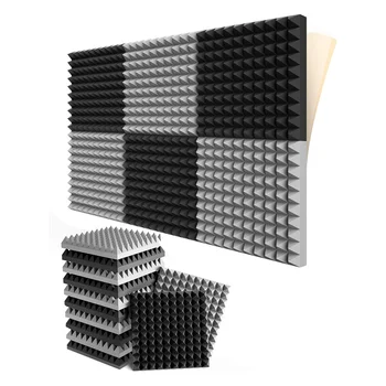 12 Pack Samolepiace Zvuková izolácia Penové Panely 2x12x12 Palcový Pyramídy Dizajn Akustická Pena,pre Domáce Štúdio,Čierna + Šedá