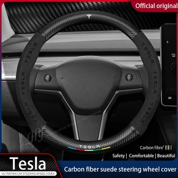 Pre Tesla Model 3 X S Y 2021 2022 2023 Auto Semiš Uhlíkových Vlákien Kožený Volant, Kryt Non-slip nové