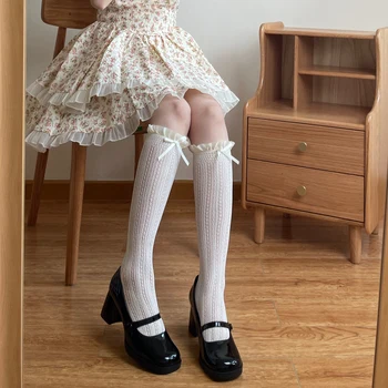 Japonský Štýl Sladké Dievčatá Dlhé Ponožky Pančuchy JK Lolita Bowknot Volánikmi podkolienky Ženy Duté Z Oka Sieťované Pančuchy Sox